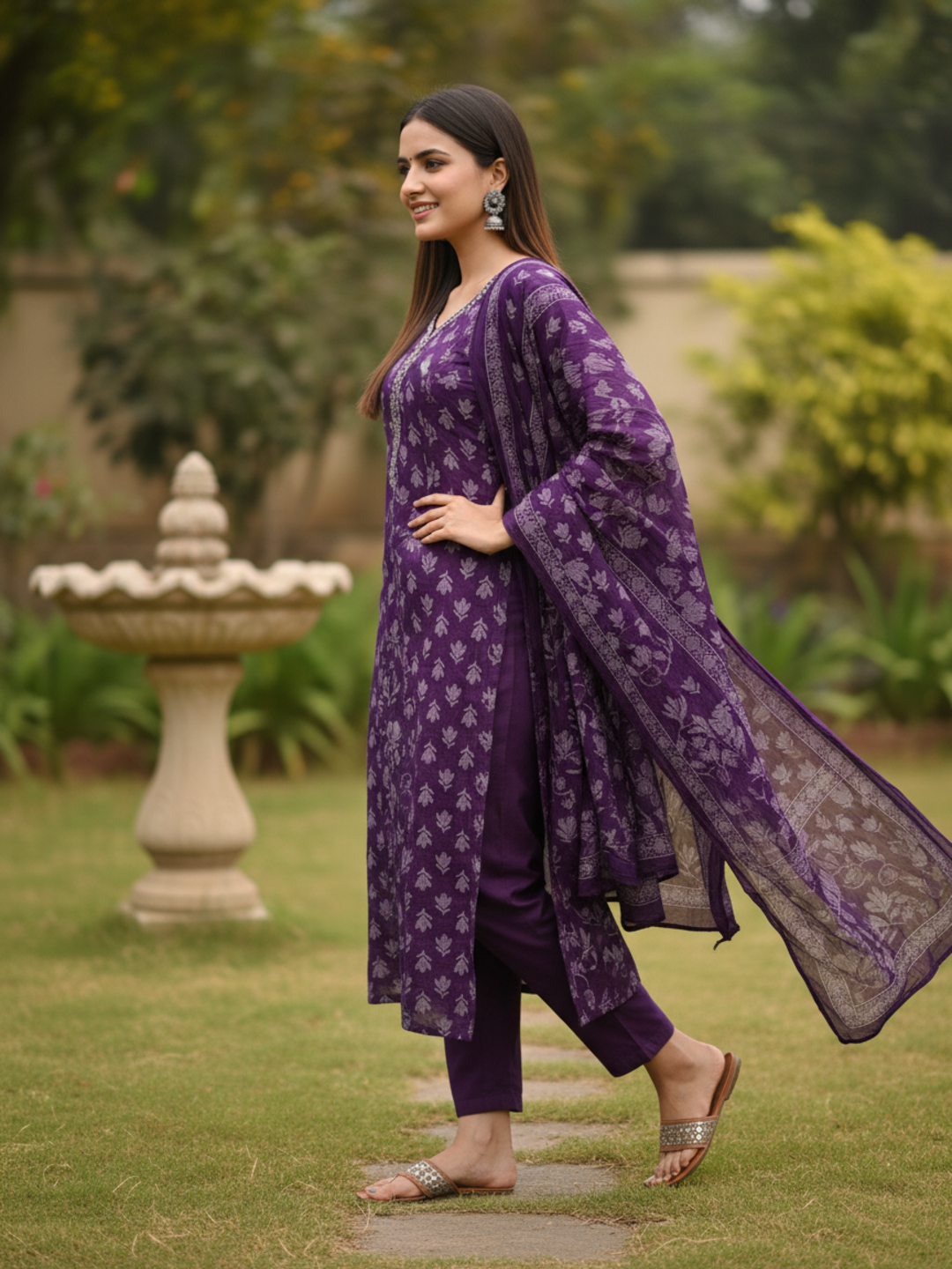 Floral Printed Mirror Work Anarkali Kurta with Pant & Dupatta - Purple