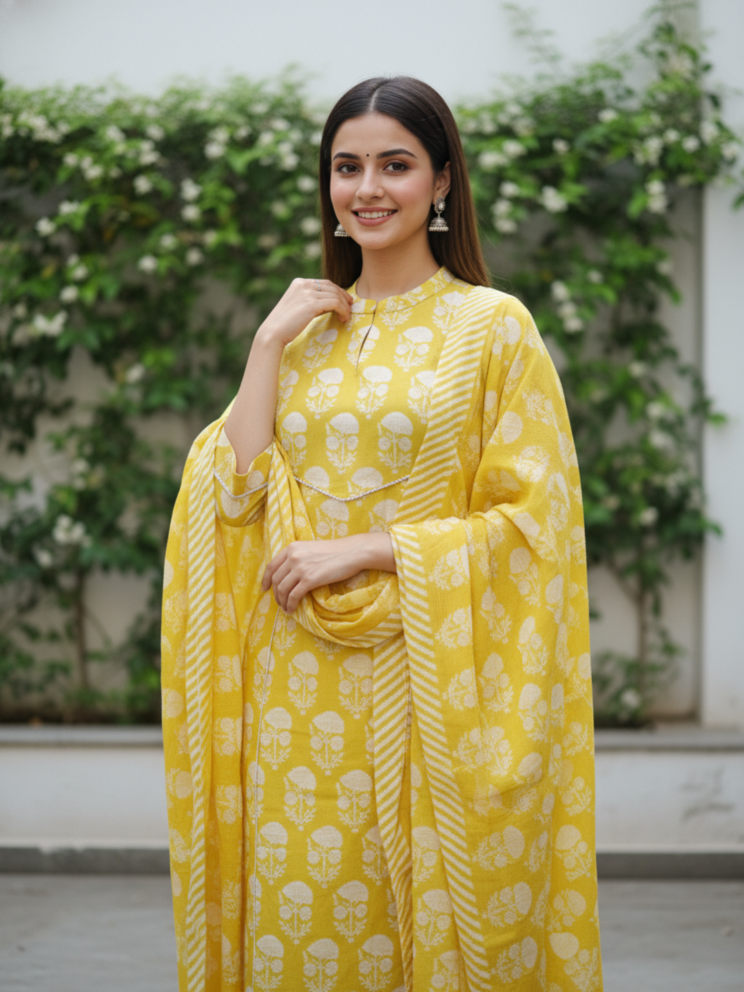 Floral Printed Embroidered Straight Kurta with Pant & Dupatta - Lime Green