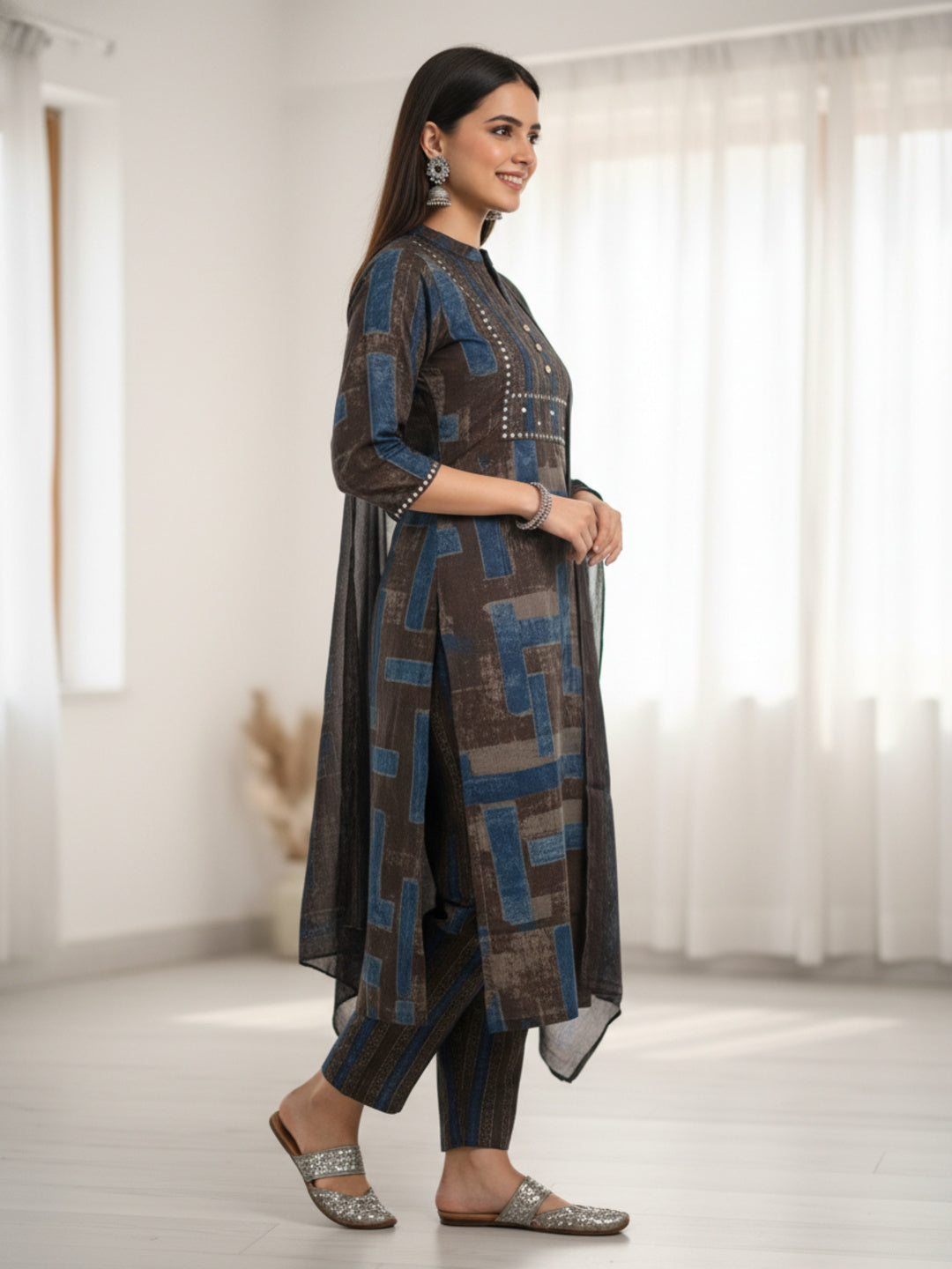 Stripes Printed Embroidered Straight Kurta with Pant & Dupatta - Charcoal
