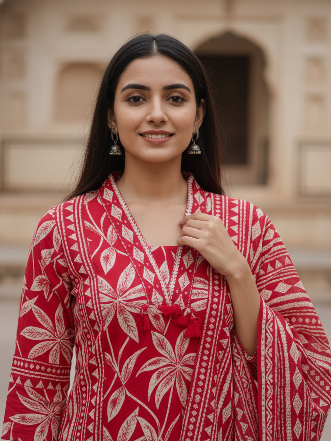 Floral Printed Sequin Embellished Straight Kurta with Pant & Dupatta - Maroon