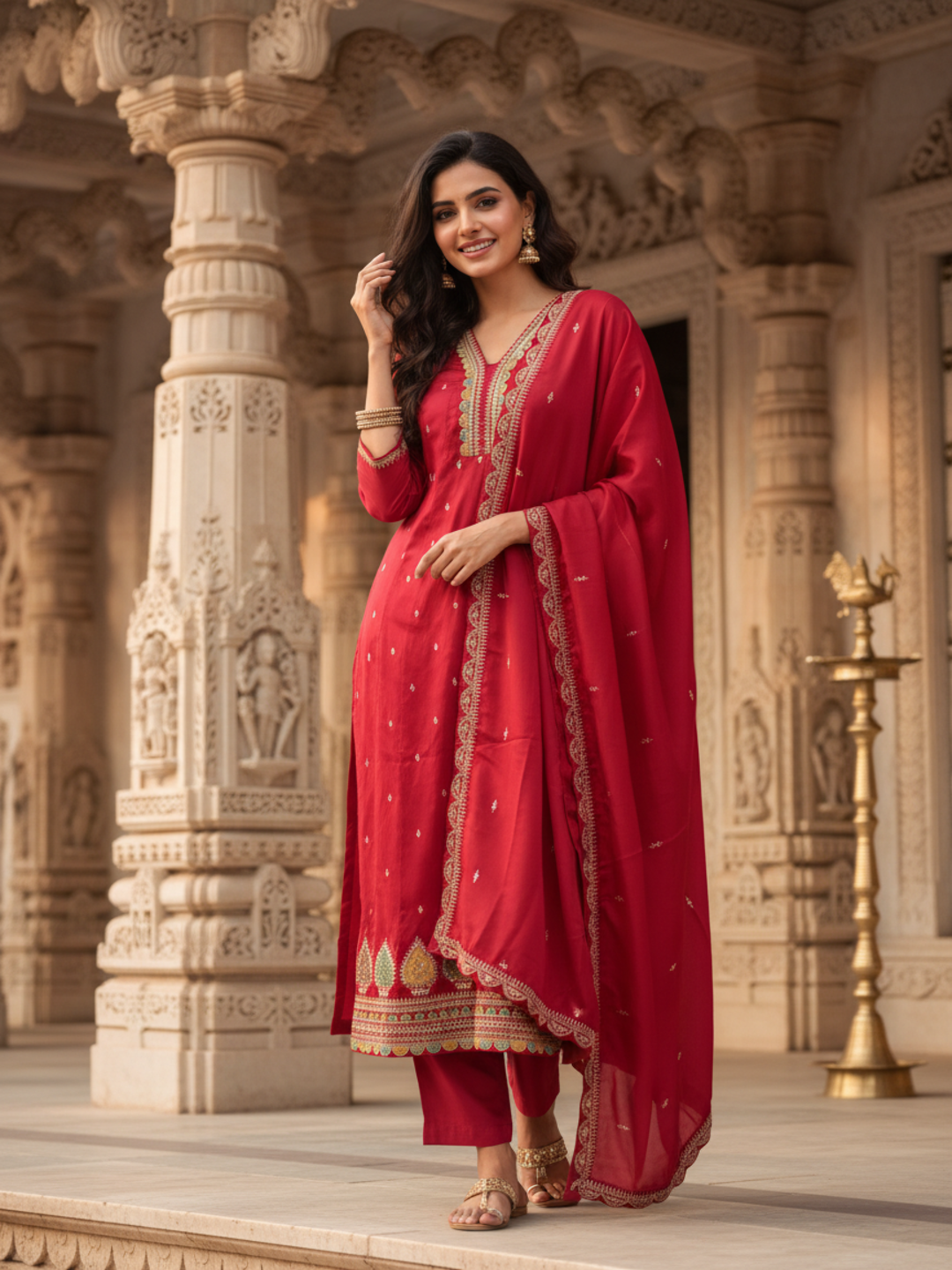 Solid Sequin & Embroidered Anarkali Kurta with Pant & Dupatta - Rani Pink