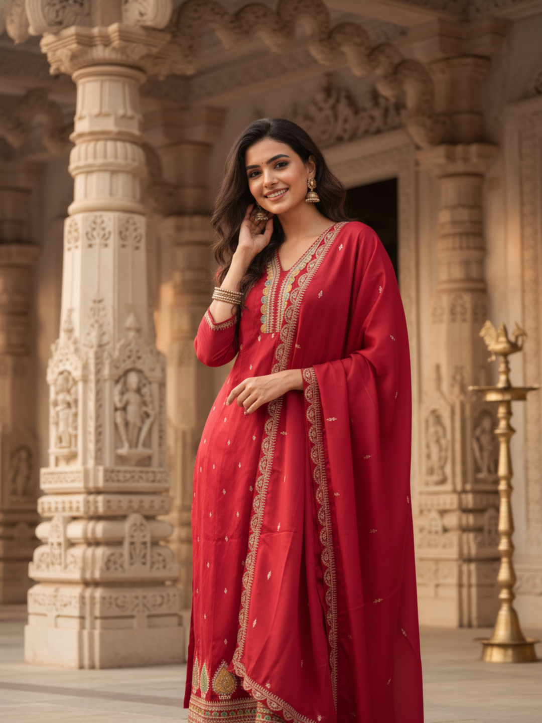 Solid Sequin & Embroidered Anarkali Kurta with Pant & Dupatta - Rani Pink