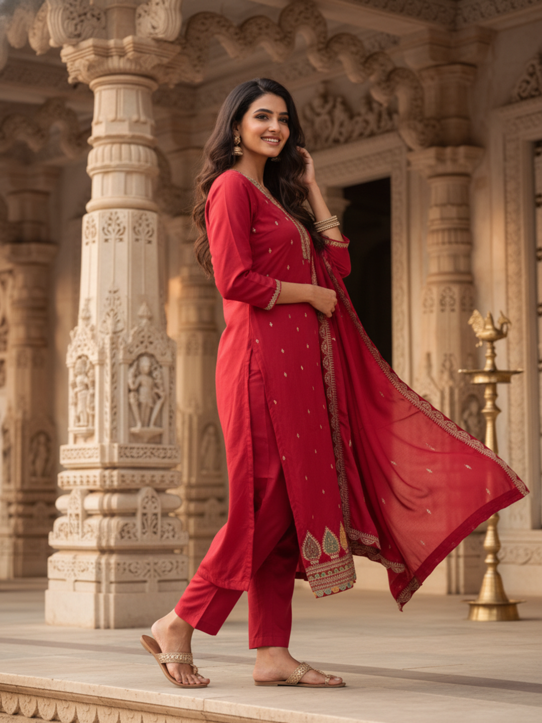 Solid Sequin & Embroidered Anarkali Kurta with Pant & Dupatta - Rani Pink