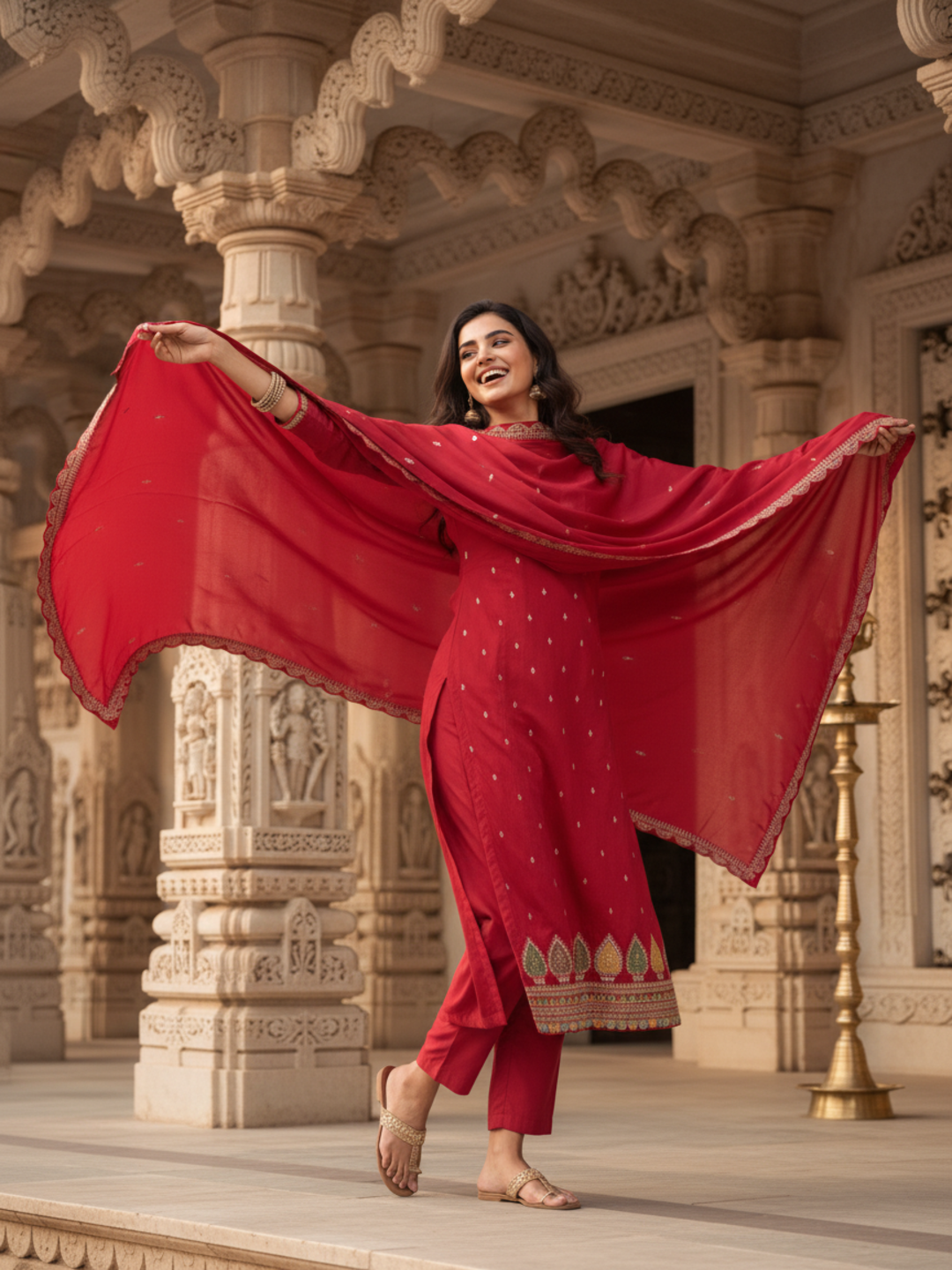 Solid Sequin & Embroidered Anarkali Kurta with Pant & Dupatta - Rani Pink