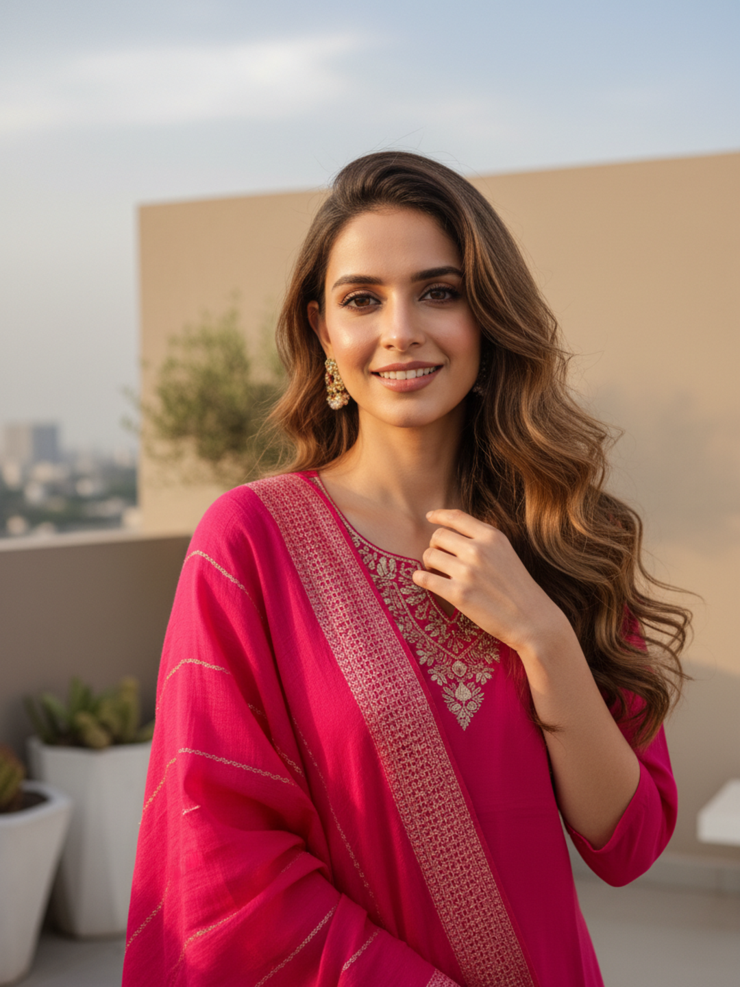 Solid Gota Patti, Mirror Work & Embroidered Straight Kurta with Pant & Dupatta - Rani Pink