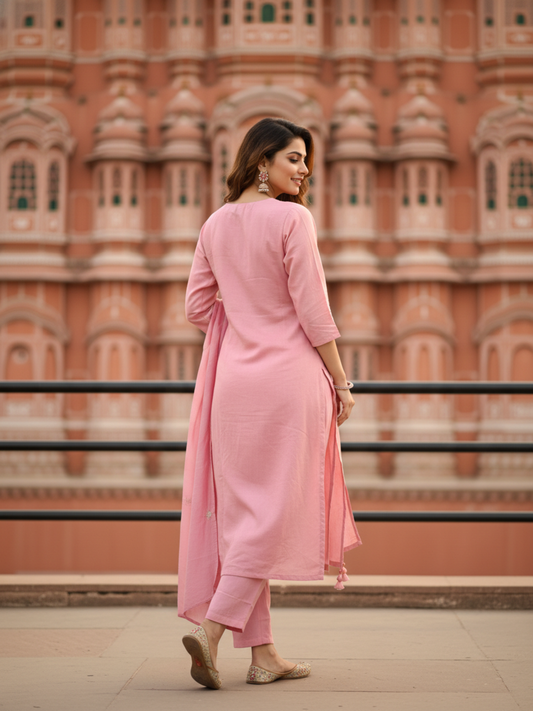 Solid Sequin & Embroidered Straight Chanderi Kurta with Pant & Dupatta - Rose
