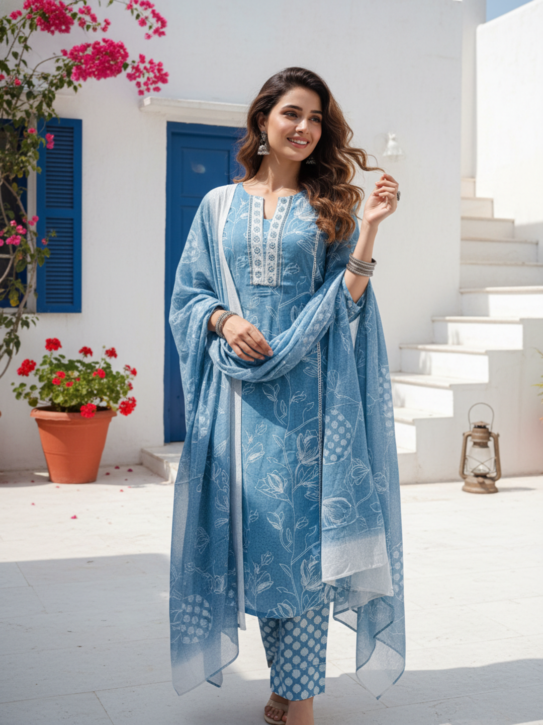 Floral Printed Mirror Work, Sequin & Embroidered Straight Kurta with Pant & Dupatta - Blue