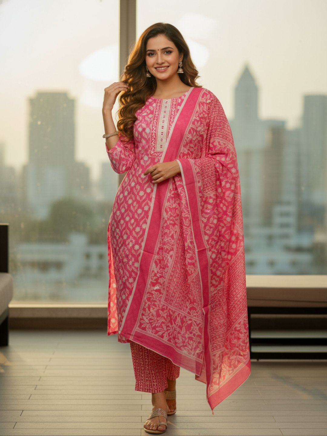 Floral Printed Schiffili Embellished Straight Kurta with Pant & Dupatta - Pink