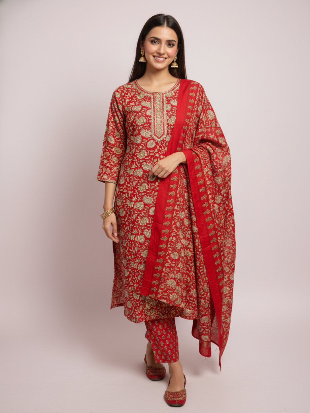 Ethnic Printed Mirror Work & Embroidered Straight Kurta with Pant & Dupatta - Red