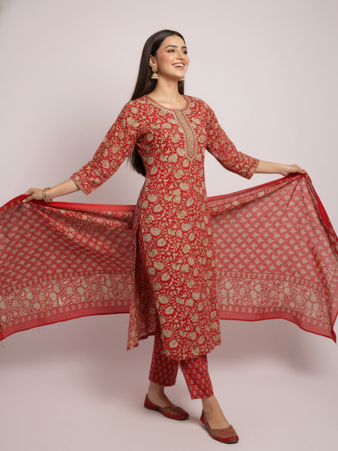 Ethnic Printed Mirror Work & Embroidered Straight Kurta with Pant & Dupatta - Red