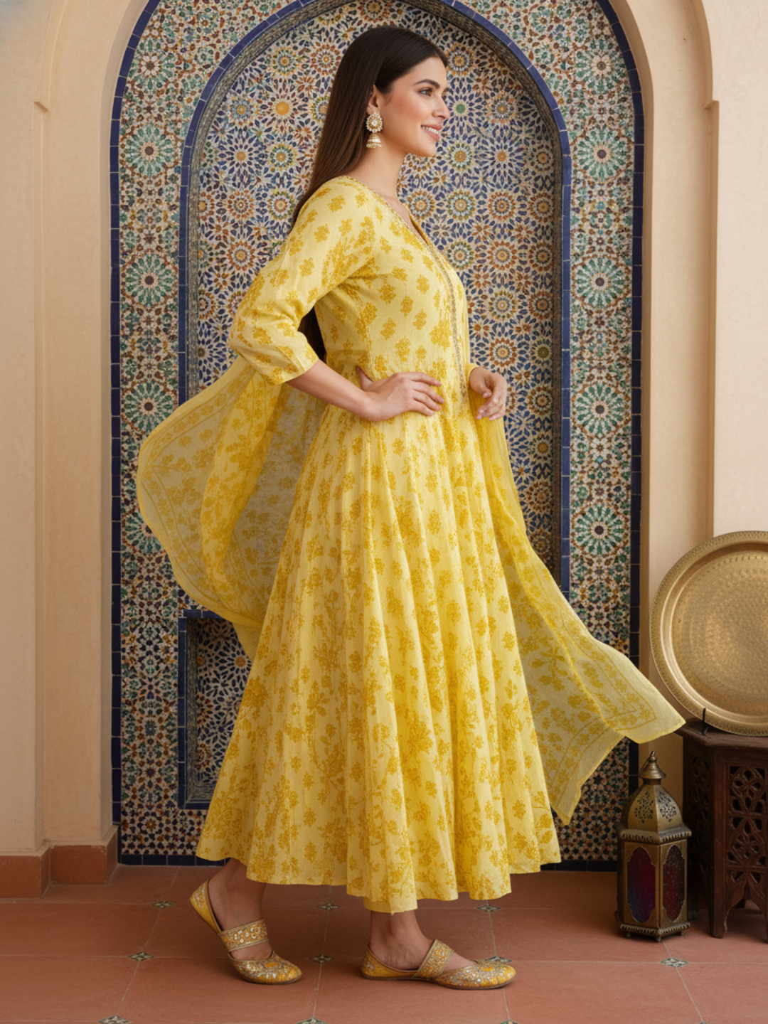 Ethnic Printed Mirror Work & Embroidered Anarkali Kurta with Pant & Dupatta - Yellow