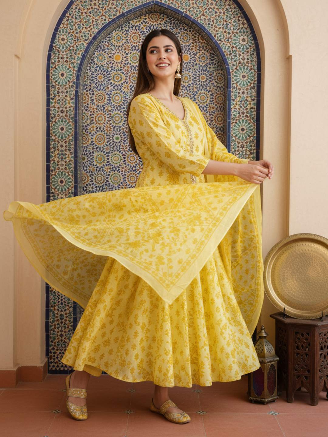 Ethnic Printed Mirror Work & Embroidered Anarkali Kurta with Pant & Dupatta - Yellow