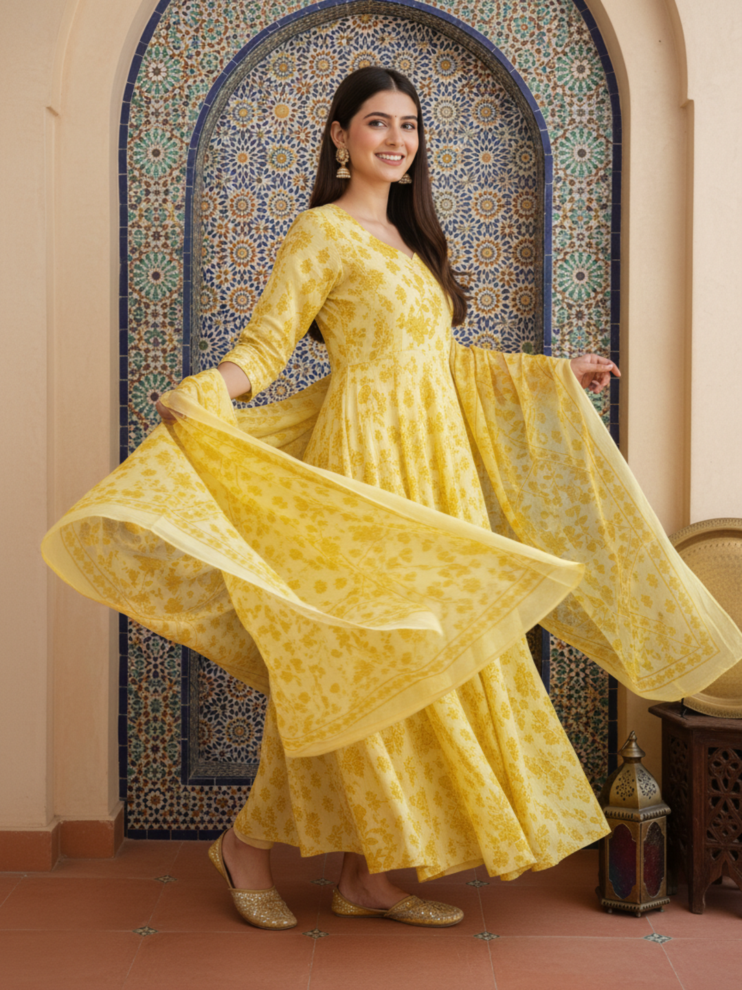 Ethnic Printed Mirror Work & Embroidered Anarkali Kurta with Pant & Dupatta - Yellow