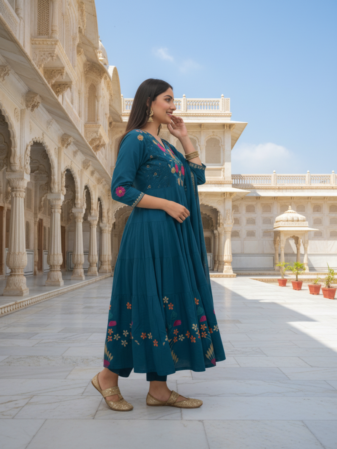 Floral Printed & Solid Embroidered A-Line Kurta with Pant & Dupatta - Blue