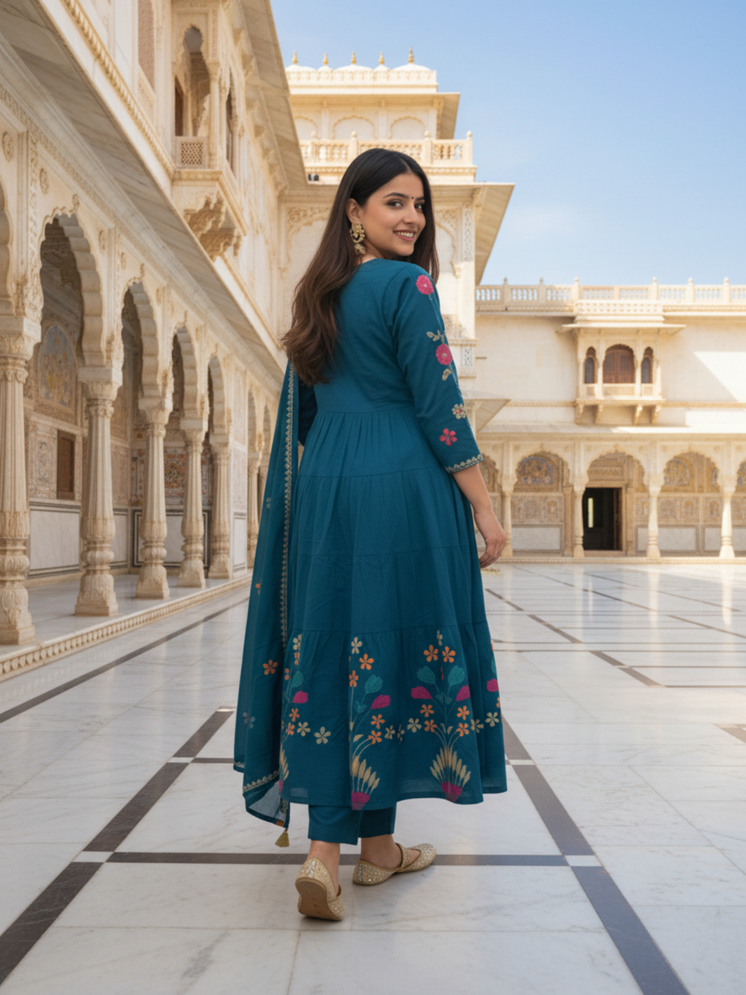Floral Printed & Solid Embroidered A-Line Kurta with Pant & Dupatta - Blue