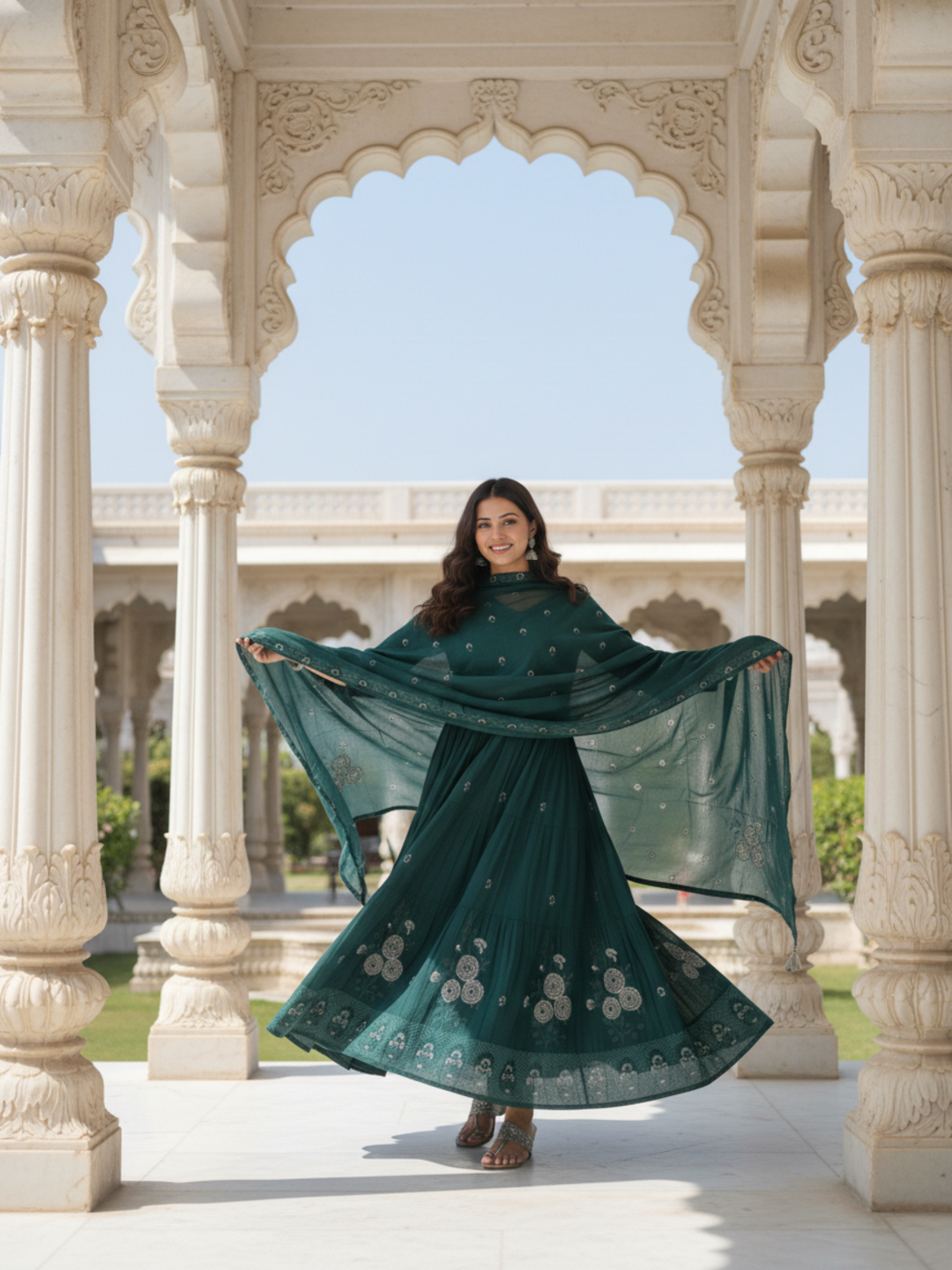 Ethnic Printed & Solid Mirror Work, Sequin & Embroidered A-Line Kurta with Palazzo & Dupatta - Teal