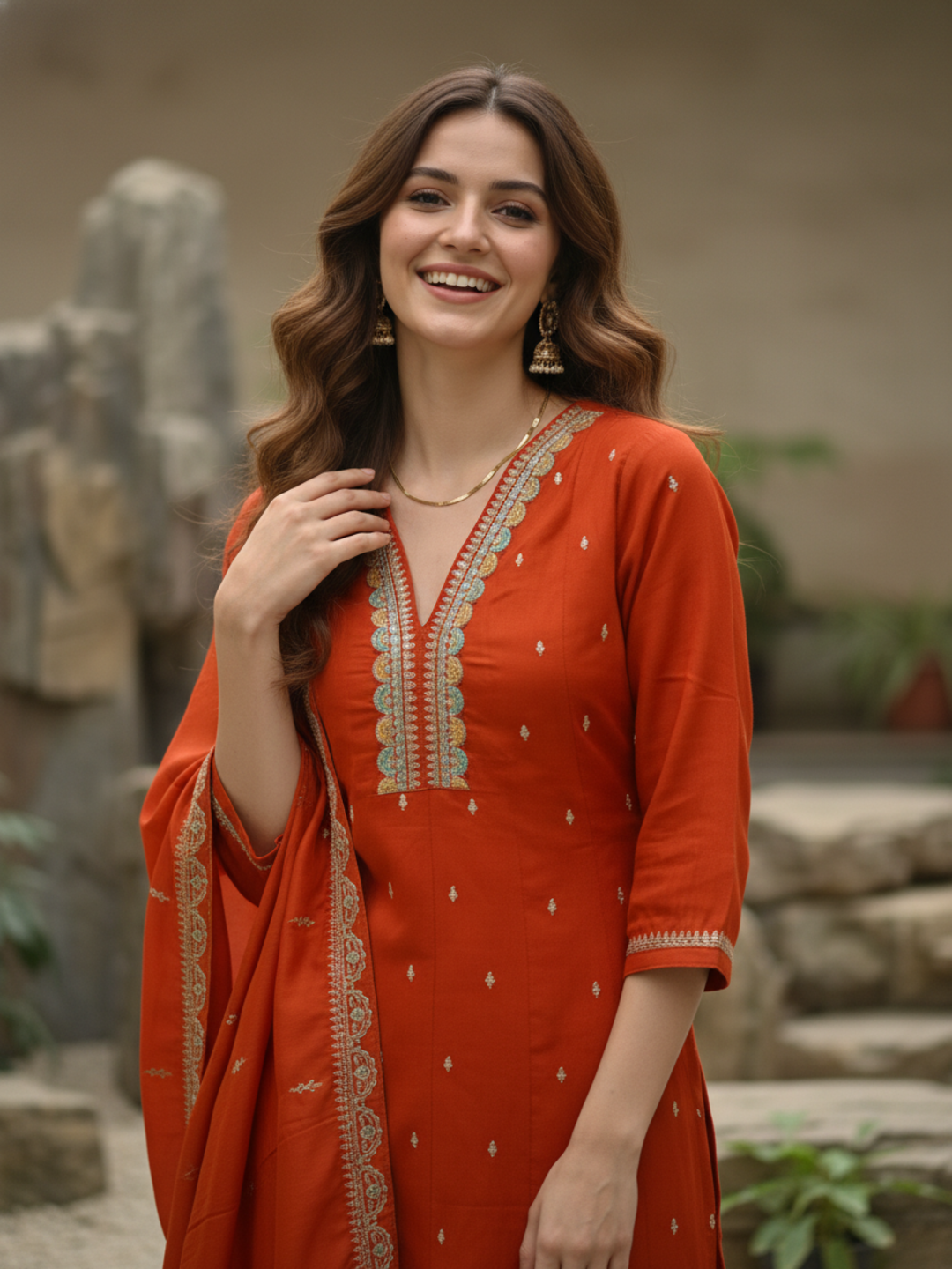 Solid Sequin & Embroidered Anarkali Kurta with Pant & Dupatta - Rust