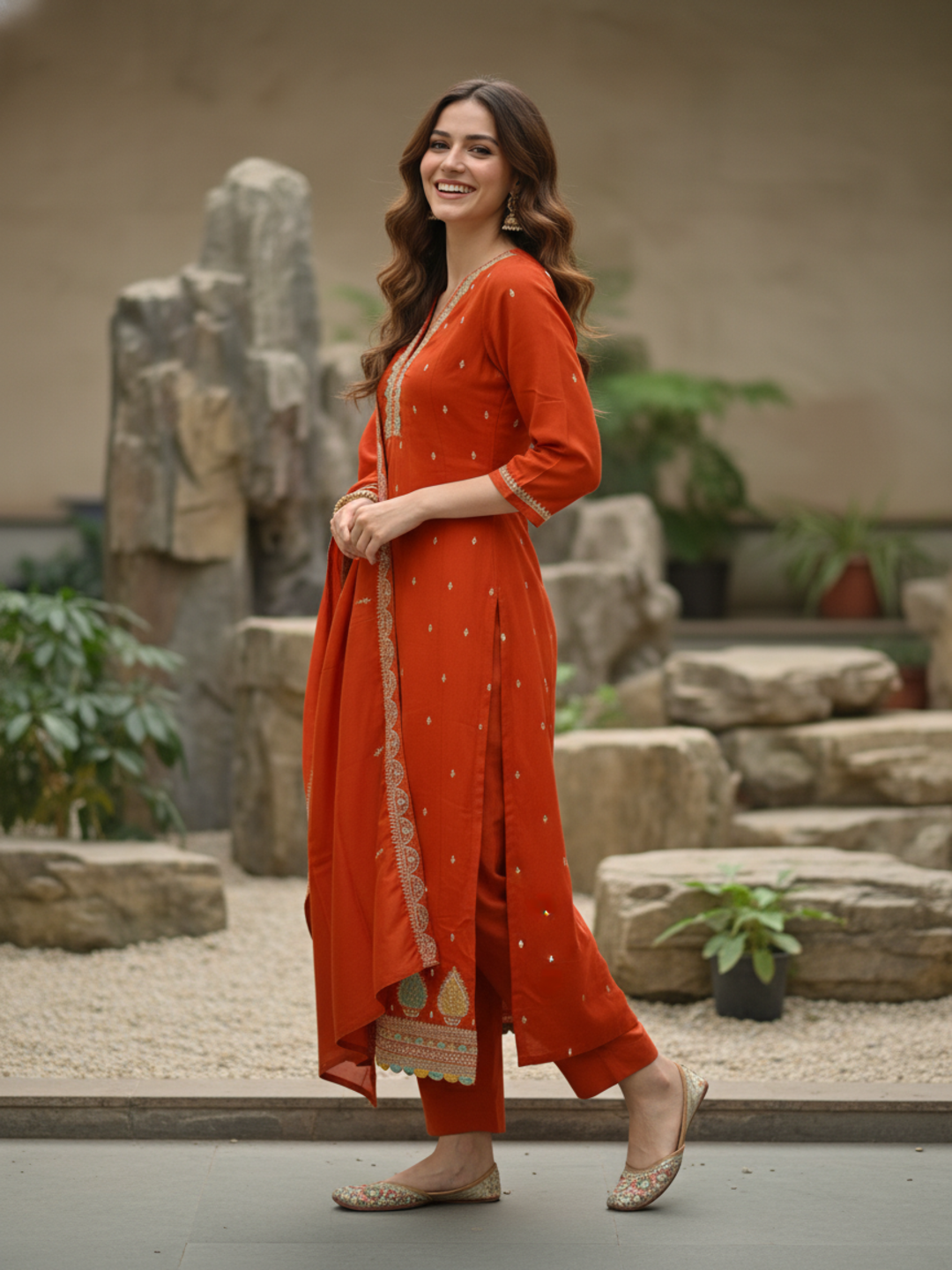 Solid Sequin & Embroidered Anarkali Kurta with Pant & Dupatta - Rust