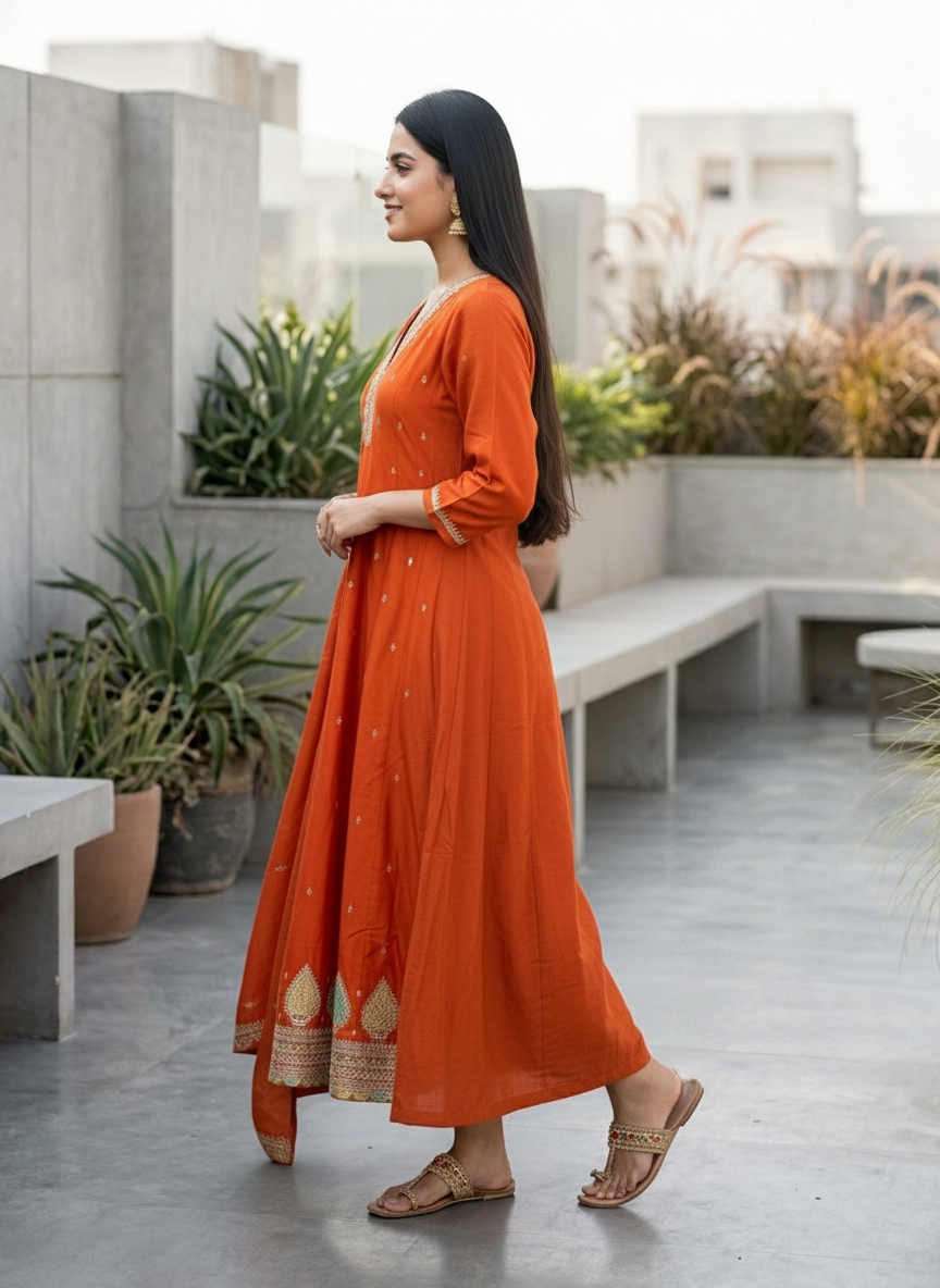 Solid Sequin & Embroidered Anarkali Kurta with Pant & Dupatta - Rust