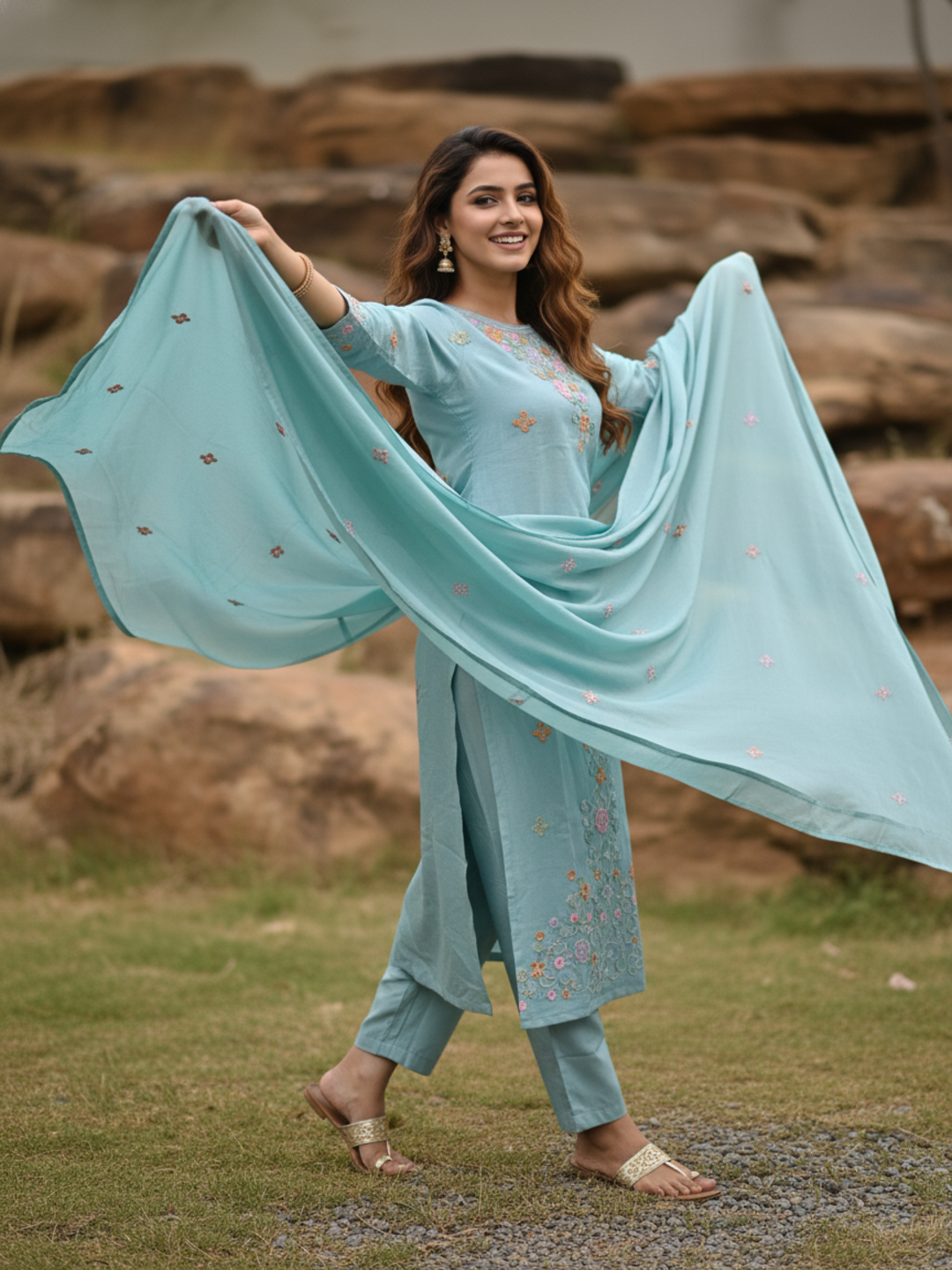 Solid Sequin & Embroidered Straight Chanderi Kurta with Pant & Dupatta - Blue