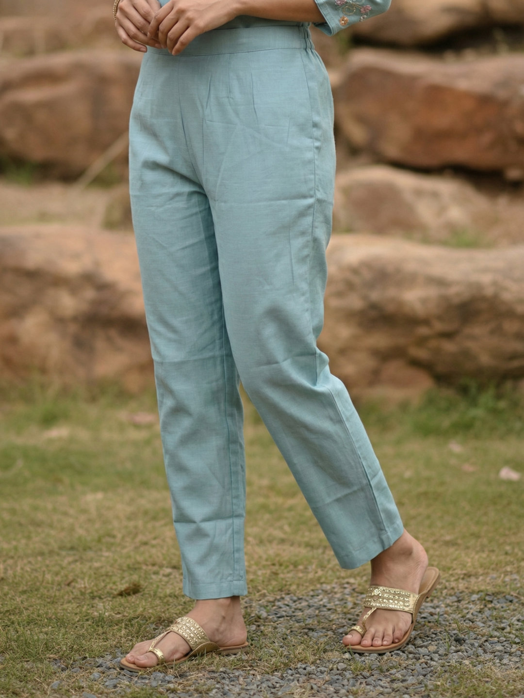 Solid Sequin & Embroidered Straight Chanderi Kurta with Pant & Dupatta - Blue