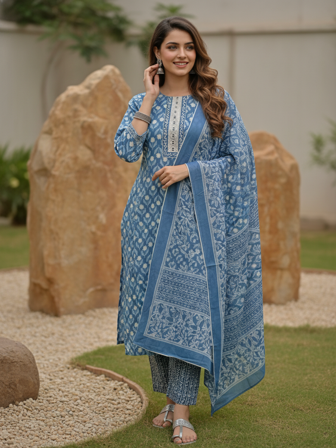 Floral Printed Schiffili Embellished Straight Kurta with Pyjama & Dupatta - Blue
