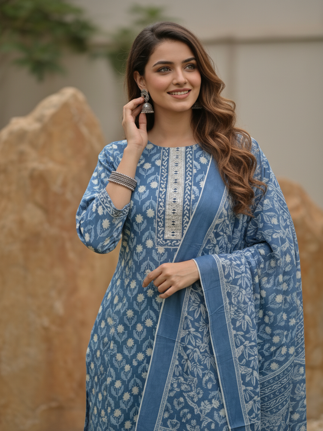 Floral Printed Schiffili Embellished Straight Kurta with Pyjama & Dupatta - Blue