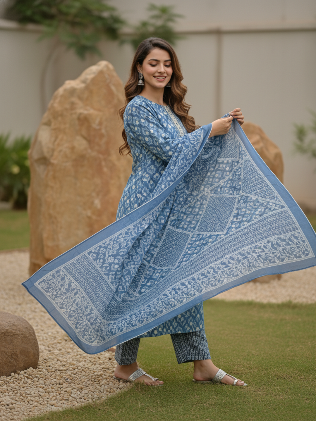Floral Printed Schiffili Embellished Straight Kurta with Pyjama & Dupatta - Blue