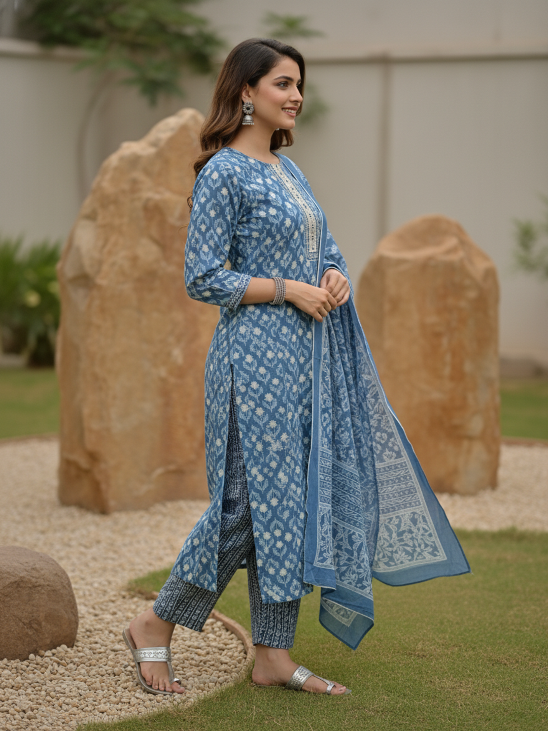 Floral Printed Schiffili Embellished Straight Kurta with Pyjama & Dupatta - Blue