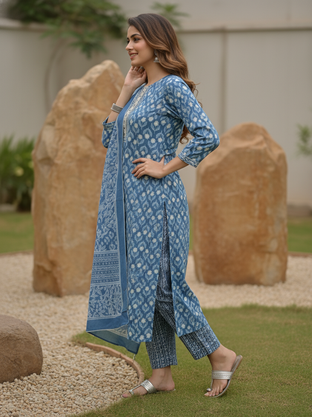 Floral Printed Schiffili Embellished Straight Kurta with Pyjama & Dupatta - Blue