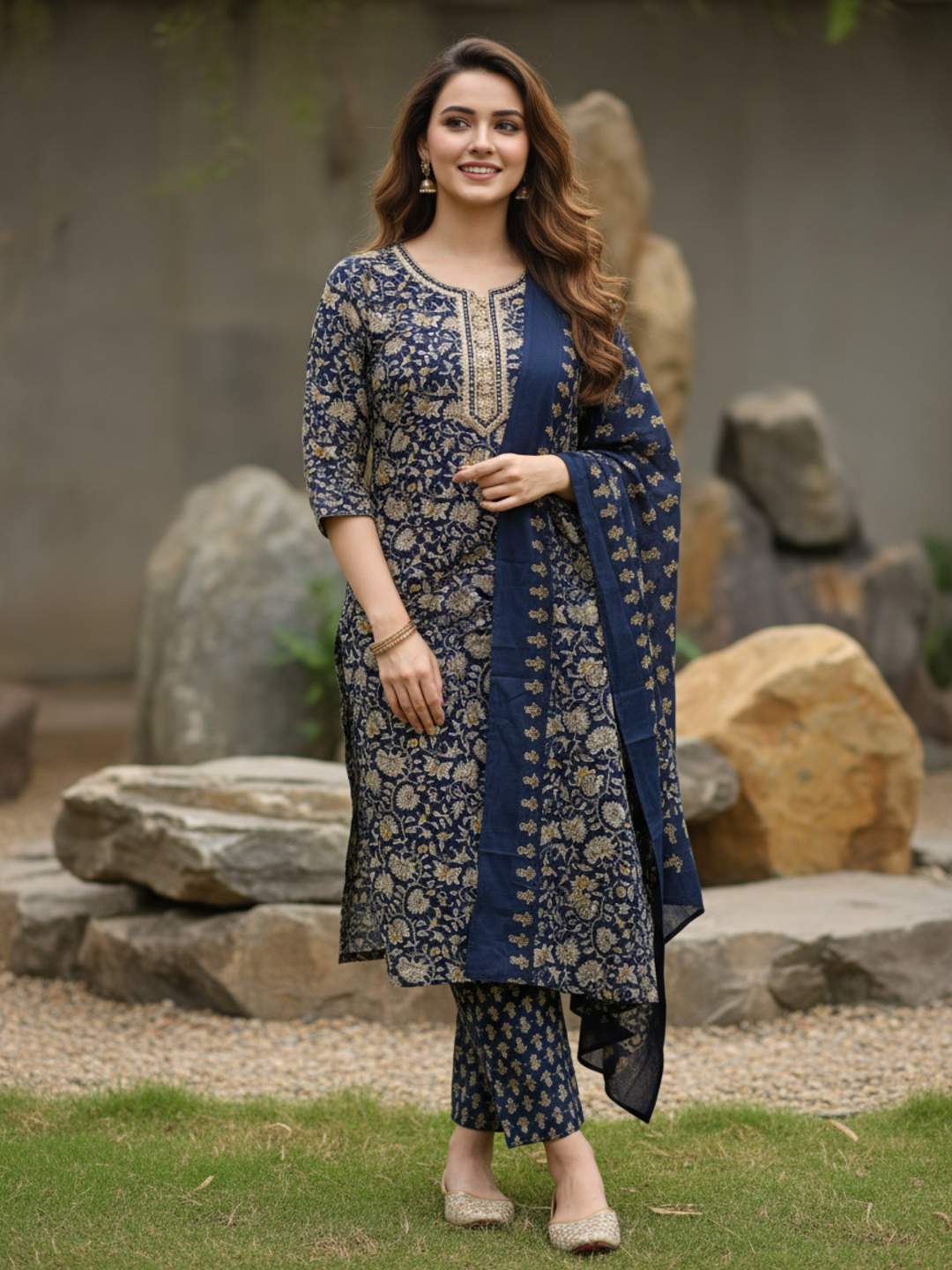 Ethnic Printed Mirror Work & Embroidered Straight Kurta with Pant & Dupatta - Blue