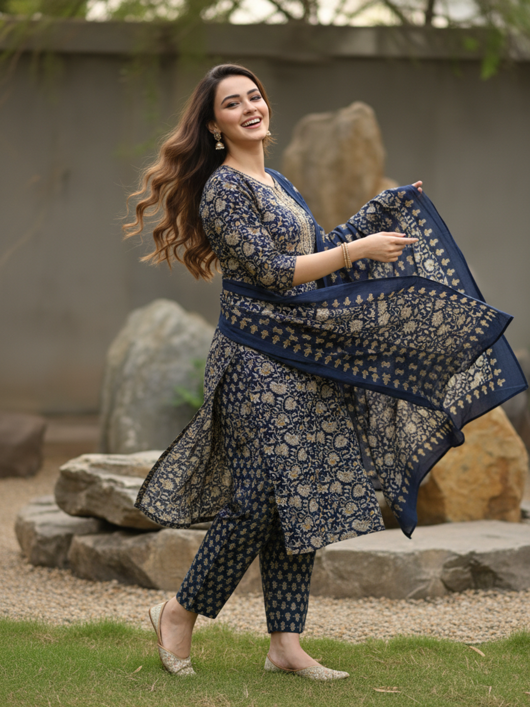 Ethnic Printed Mirror Work & Embroidered Straight Kurta with Pant & Dupatta - Blue
