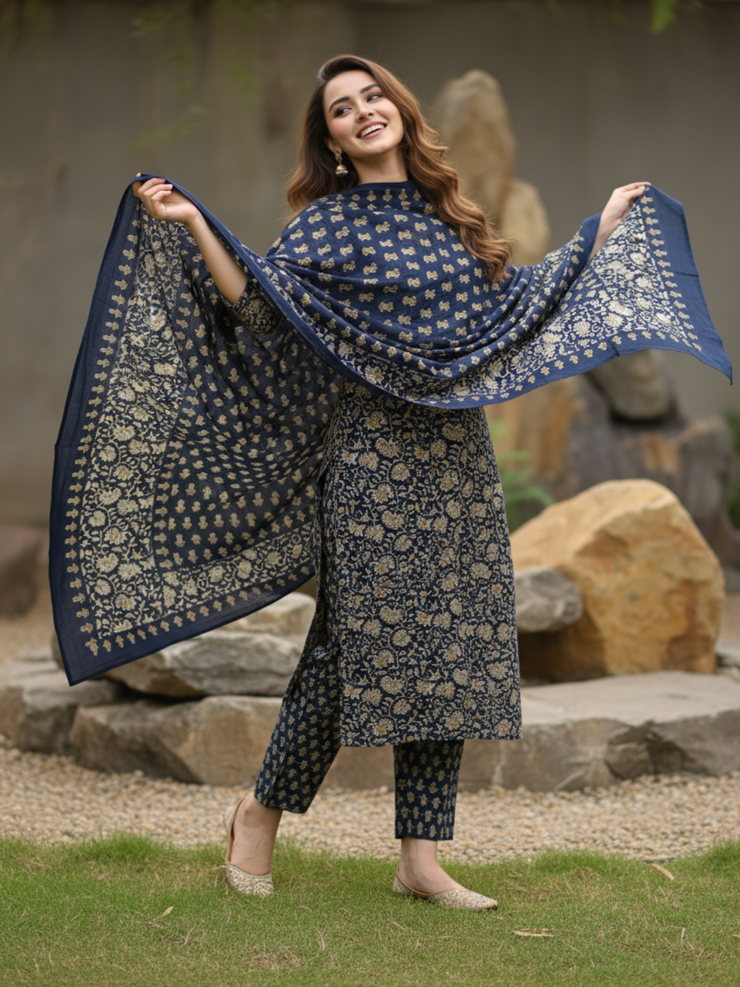Ethnic Printed Mirror Work & Embroidered Straight Kurta with Pant & Dupatta - Blue