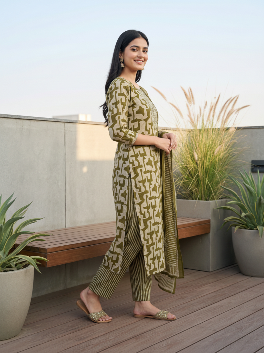 Abstract Printed Mirror Work & Embroidered Straight Kurta with Pant & Dupatta - Green