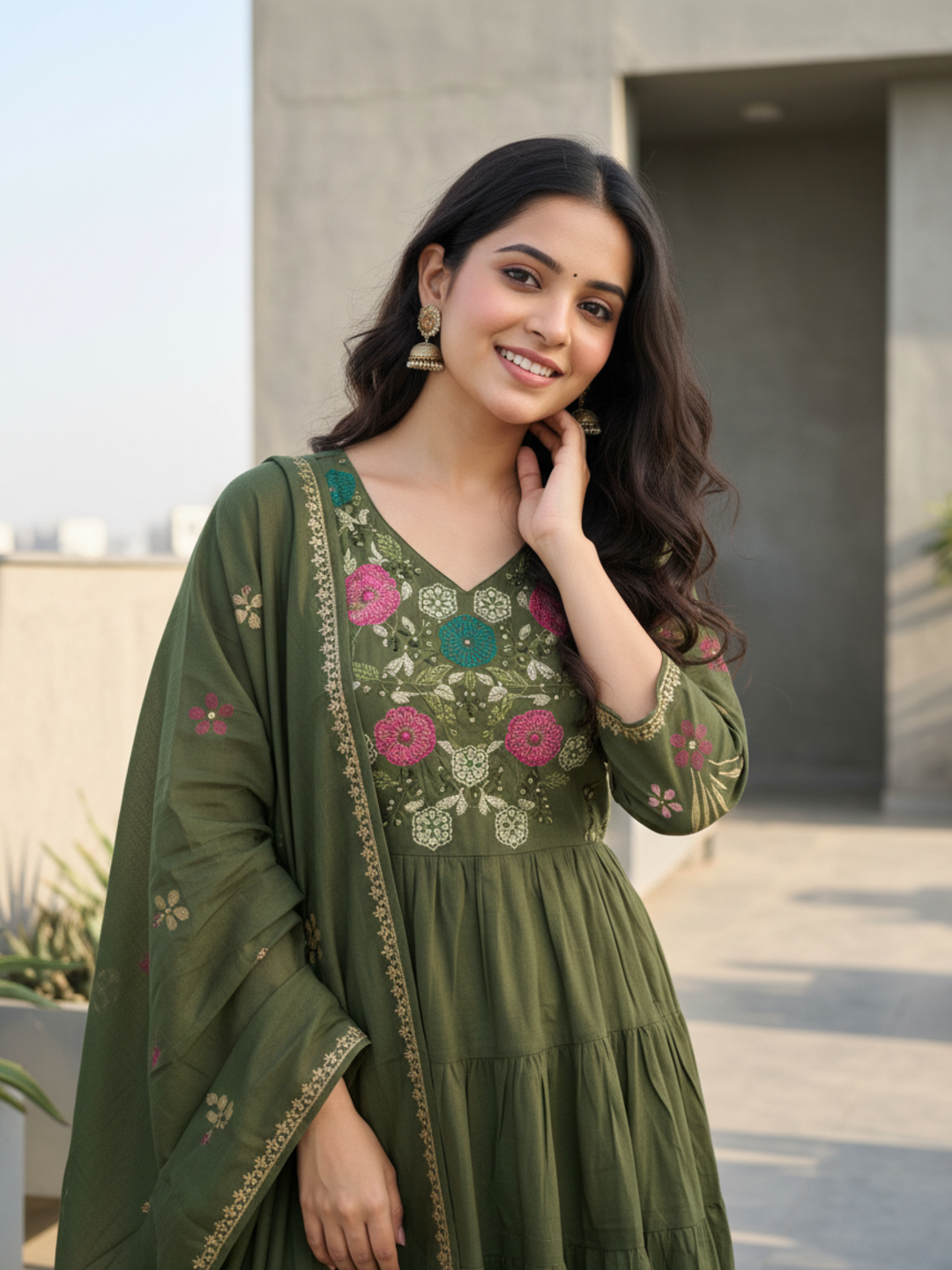 Floral Printed & Solid Embroidered A-Line Kurta with Pant & Dupatta - Green