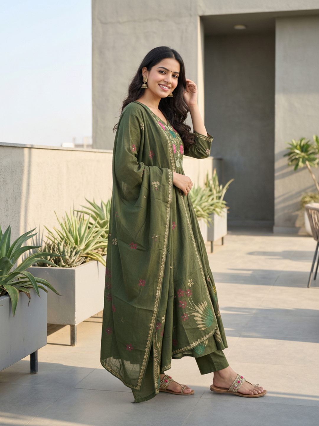Floral Printed & Solid Embroidered A-Line Kurta with Pant & Dupatta - Green