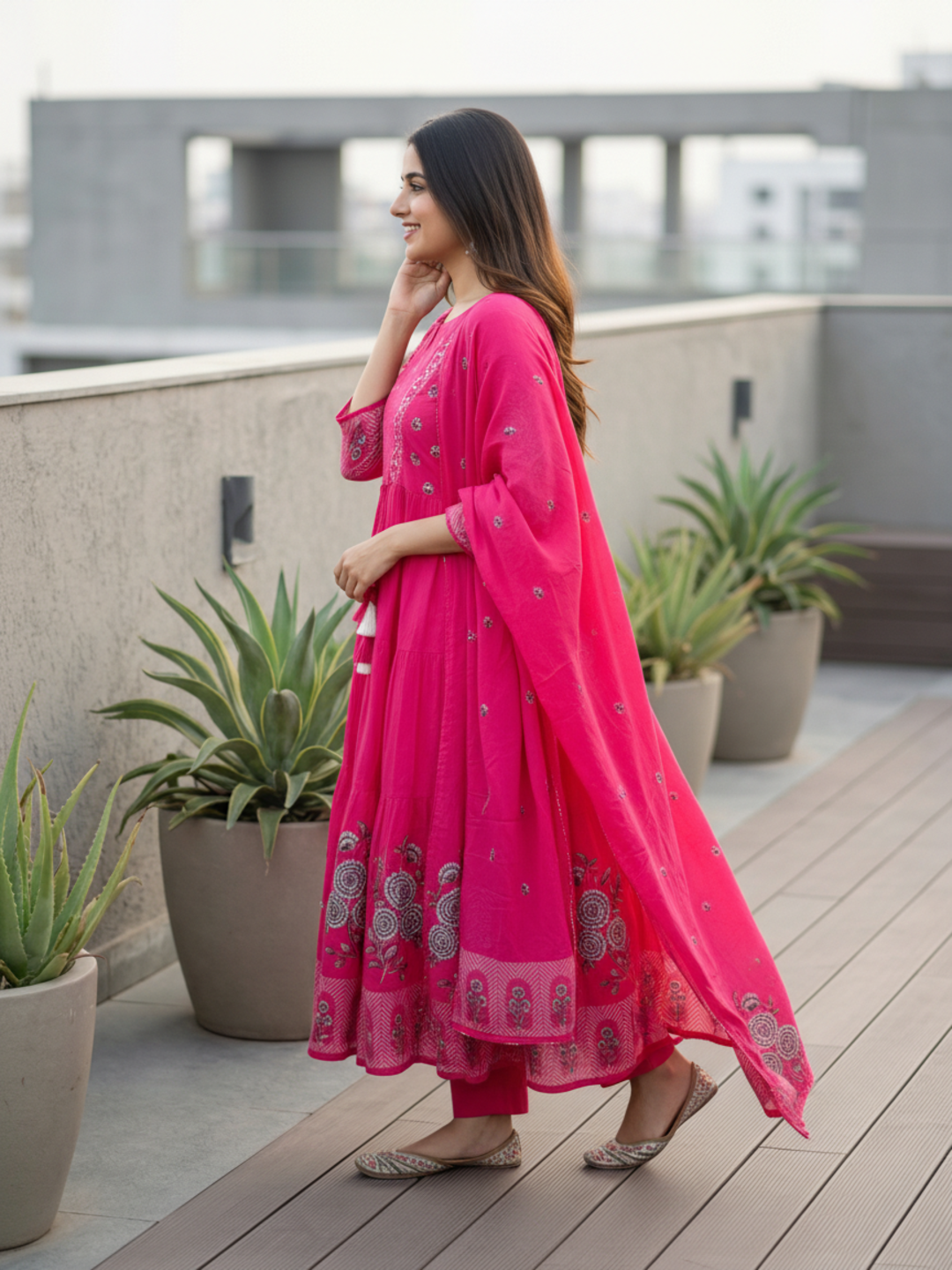 Ethnic Printed & Solid Mirror Work, Sequin & Embroidered A-Line Kurta with Palazzo & Dupatta - Rani Pink