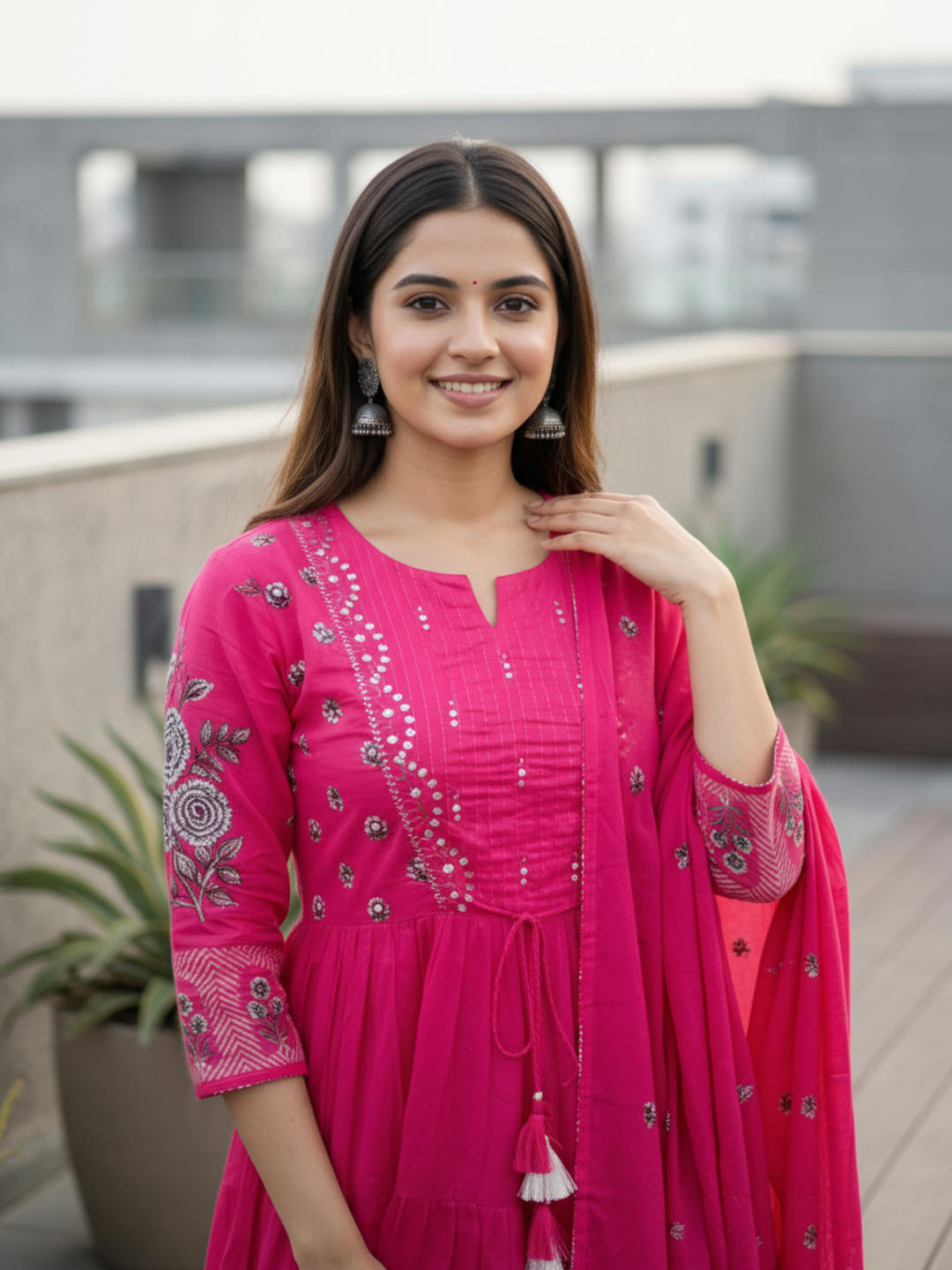 Ethnic Printed & Solid Mirror Work, Sequin & Embroidered A-Line Kurta with Palazzo & Dupatta - Rani Pink