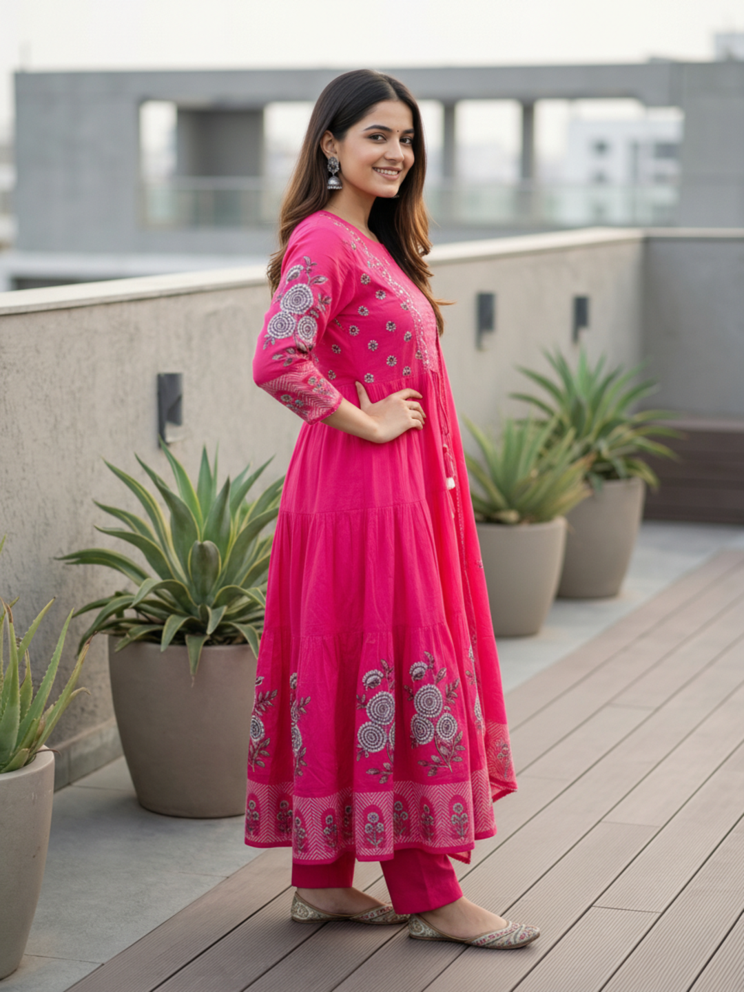 Ethnic Printed & Solid Mirror Work, Sequin & Embroidered A-Line Kurta with Palazzo & Dupatta - Rani Pink