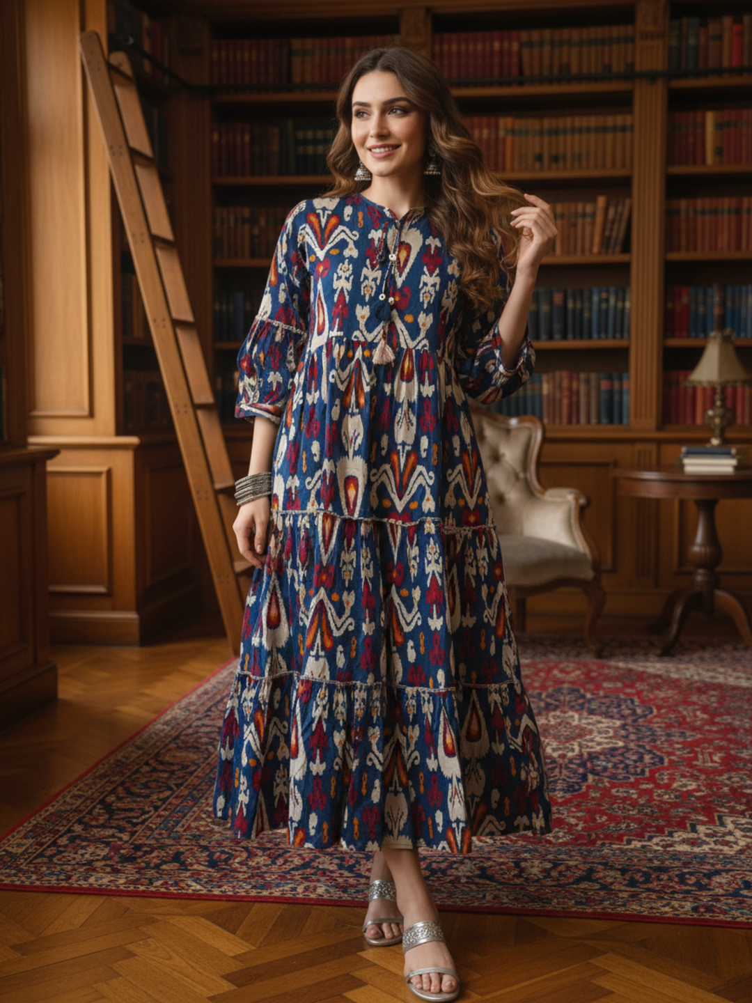 Ethnic Printed Sequin Embellished Fit & Flare Maxi Dress - Blue