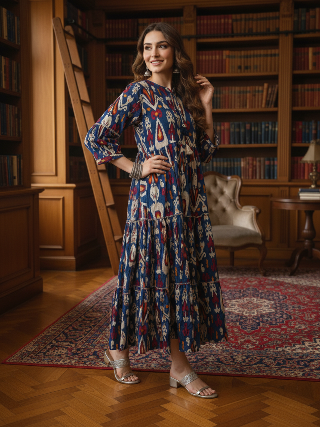 Ethnic Printed Sequin Embellished Fit & Flare Maxi Dress - Blue