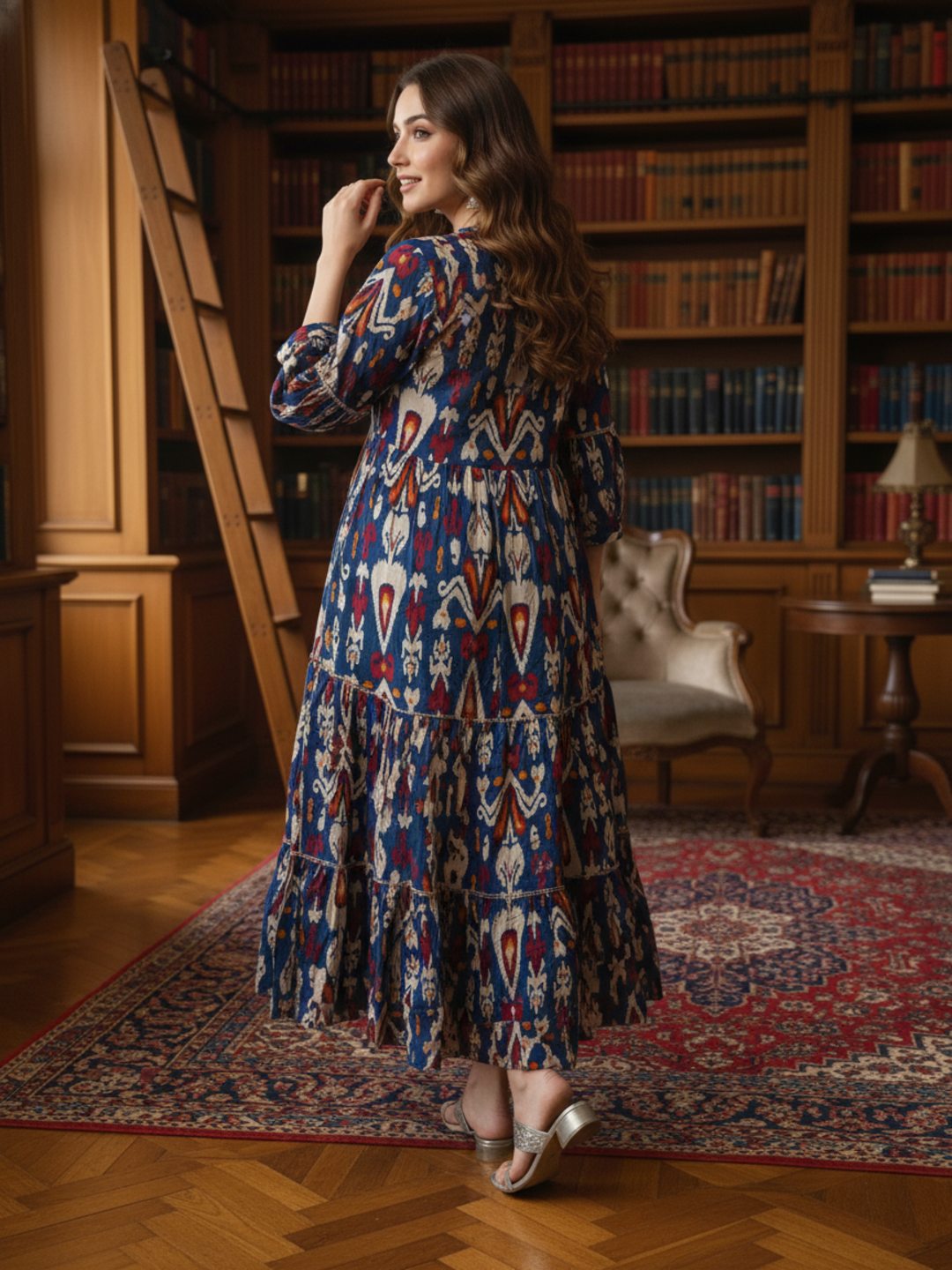 Ethnic Printed Sequin Embellished Fit & Flare Maxi Dress - Blue