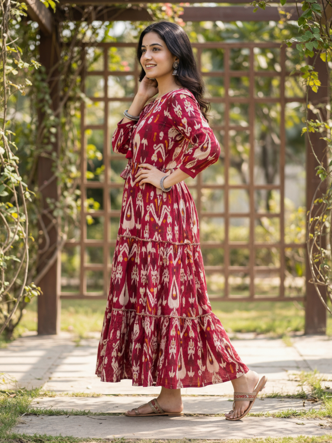 Ethnic Ikat Printed Fit & Flare Maxi Dress with Tassel Detailing - Red