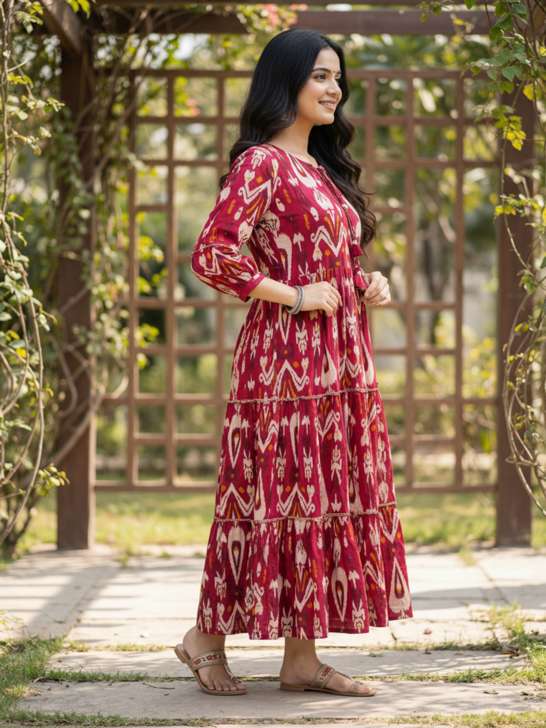 Ethnic Ikat Printed Fit & Flare Maxi Dress with Tassel Detailing - Red
