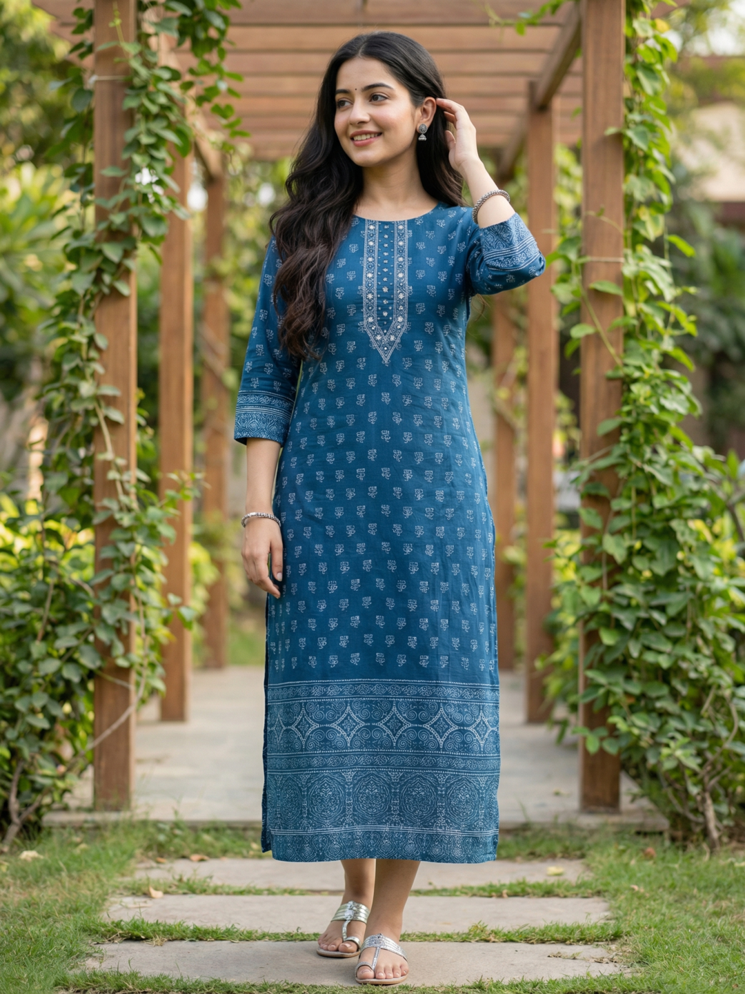 Ethnic Printed Sequin Embellished Straight Kurta - Blue