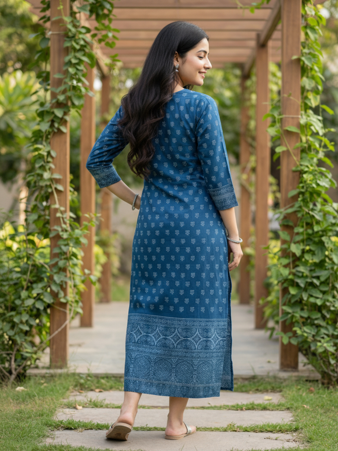 Ethnic Printed Sequin Embellished Straight Kurta - Blue