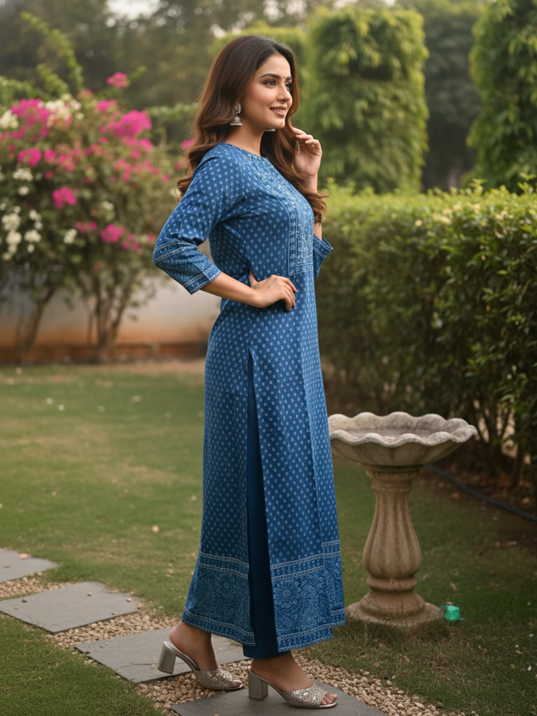 Ethnic Printed Mirror Work & Sequin Embellished Straight Kurta - Blue