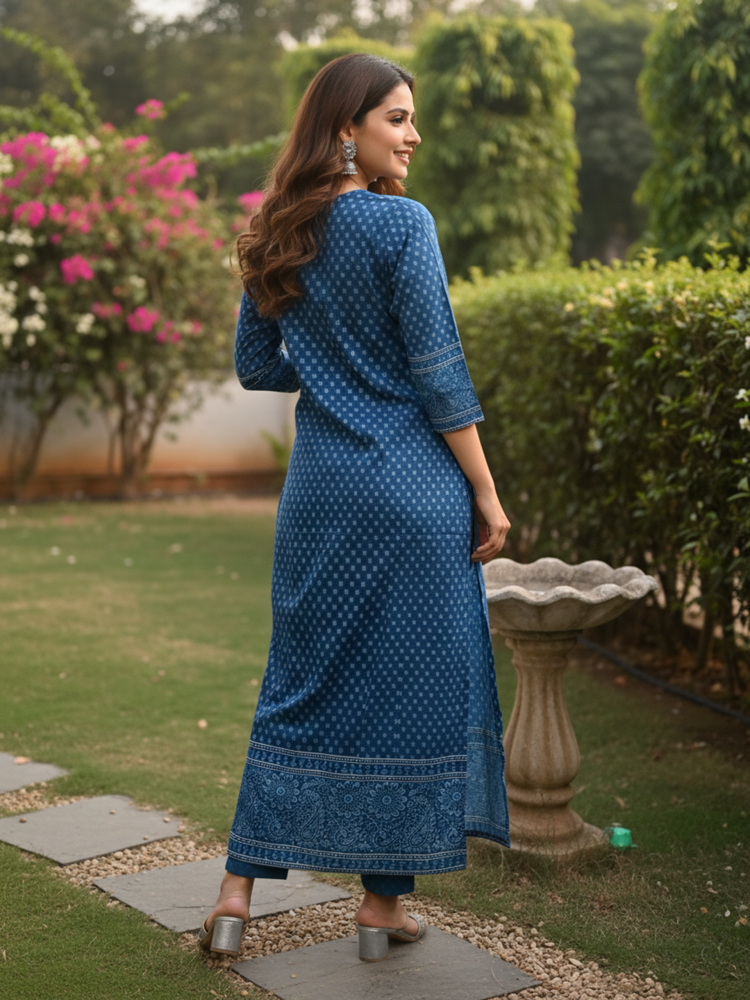 Ethnic Printed Mirror Work & Sequin Embellished Straight Kurta - Blue