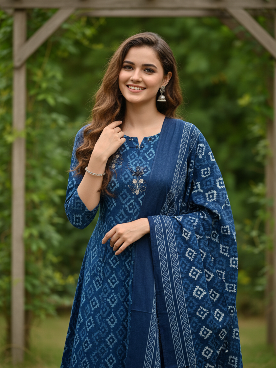 Ethnic Printed Embroidered Anarkali Kurta with Pyjama & Dupatta - Blue