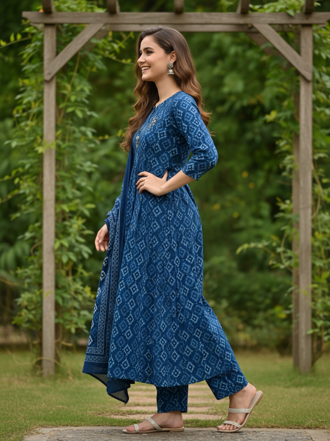 Ethnic Printed Embroidered Anarkali Kurta with Pyjama & Dupatta - Blue